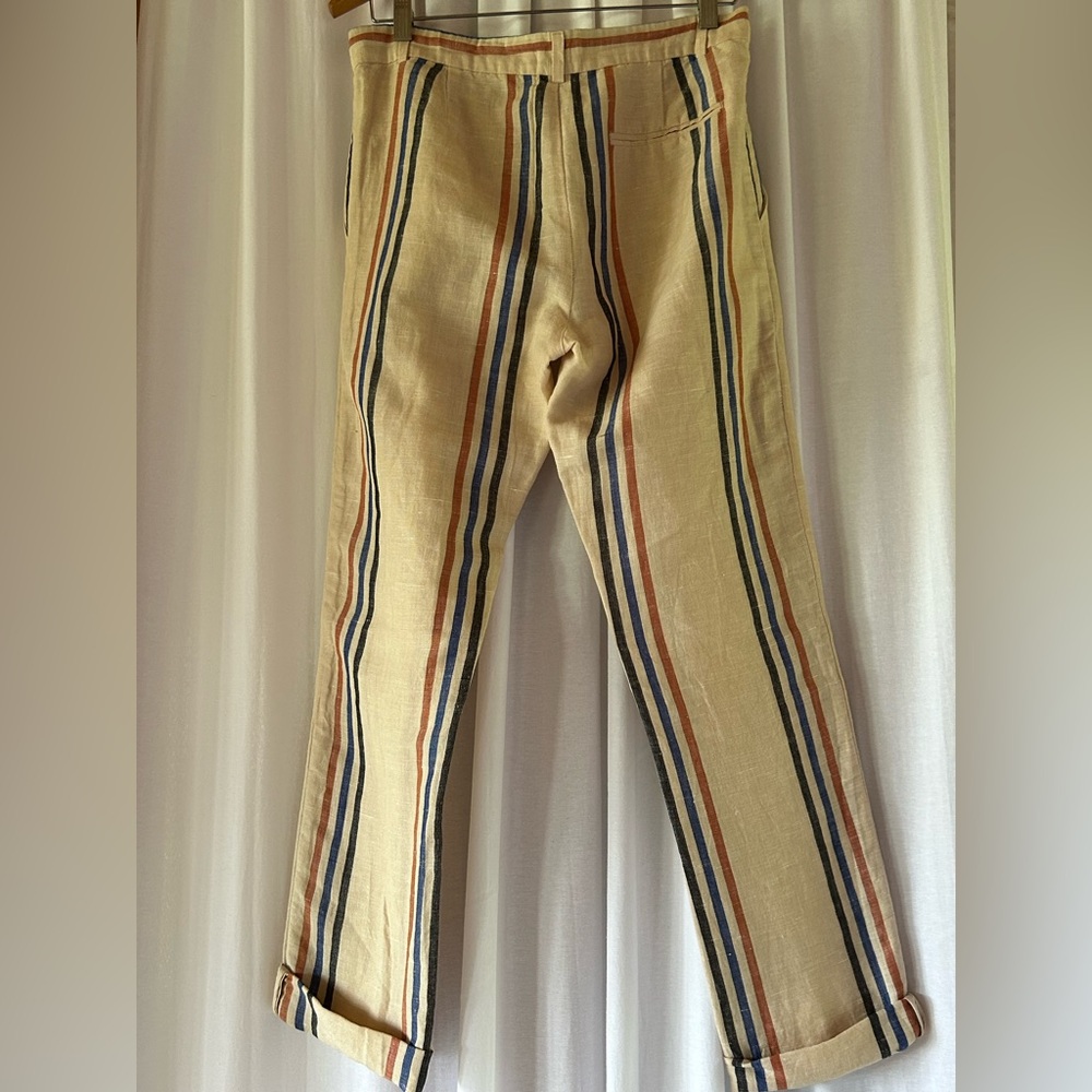 Tan and Blue Straight Leg Linen summer pant.